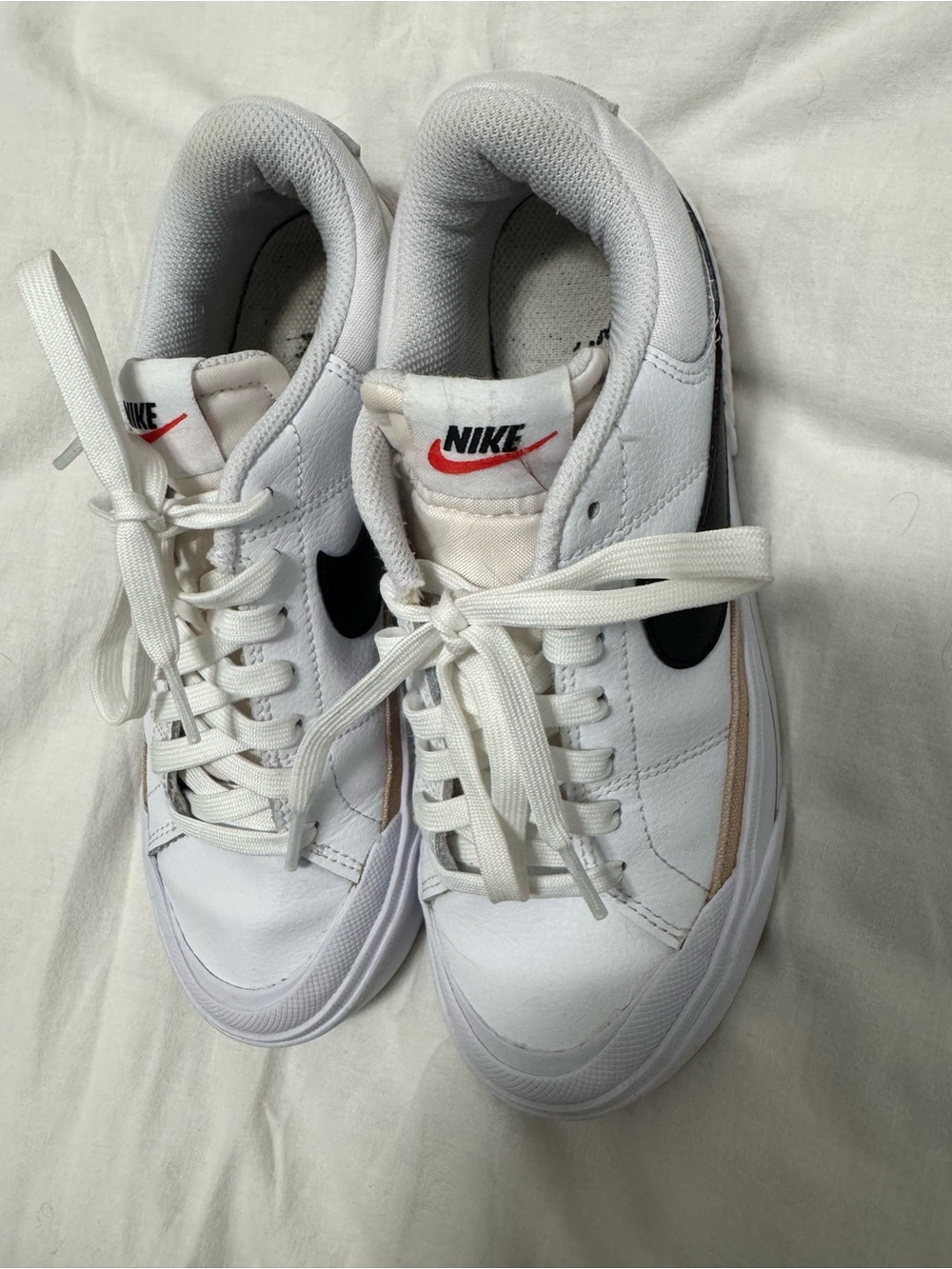 Nike White Leather Platform Sneakers with Black Swoosh and Tan Trim - Picture 4 of 8